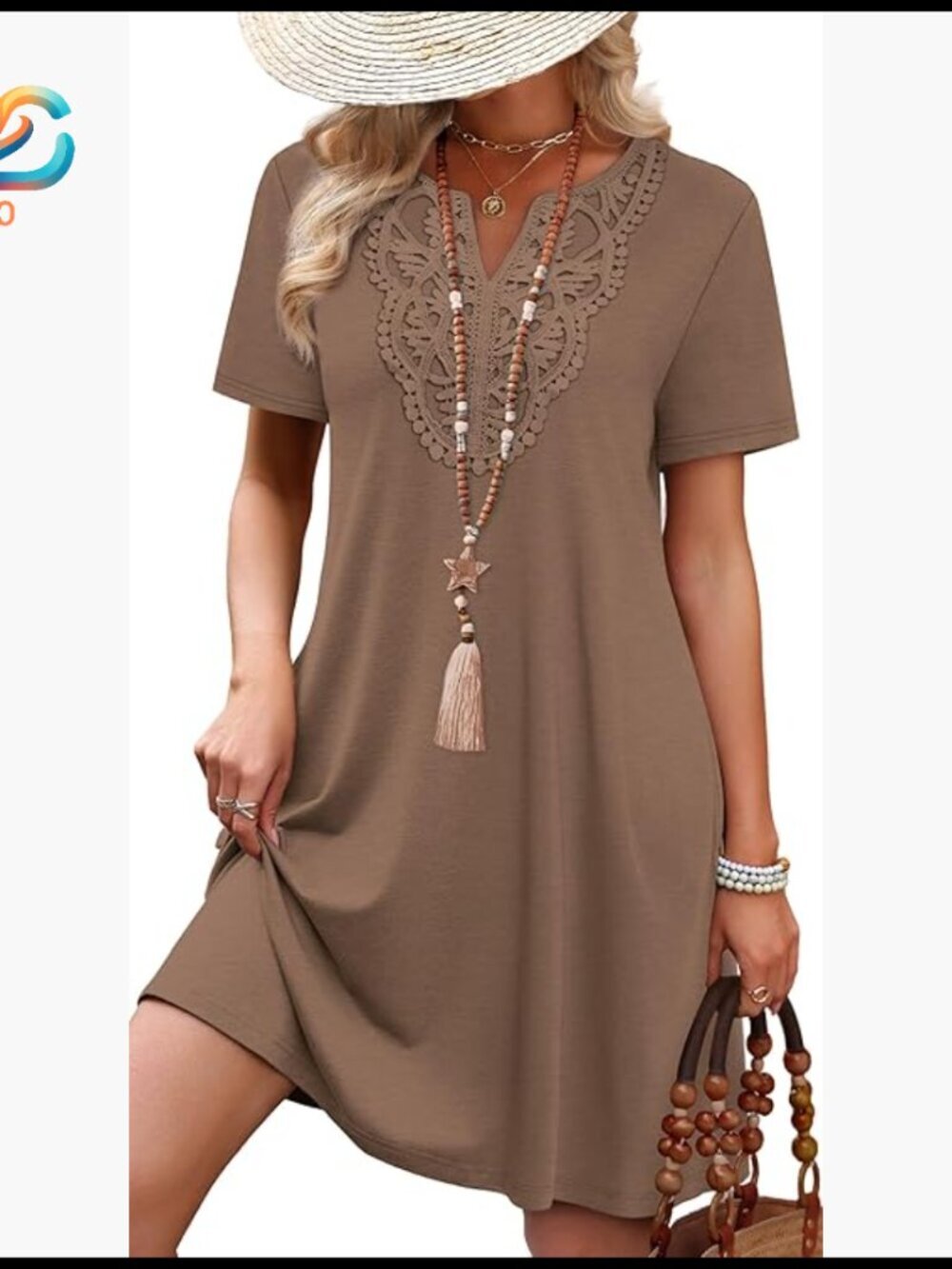 Casual T-Shirt Dress with Lace V-Neck, Short Sleeve, Wedding Guest & Beach Wear